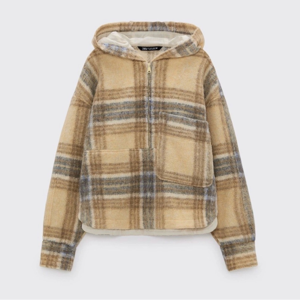 zara beige and gray checkered hoodie